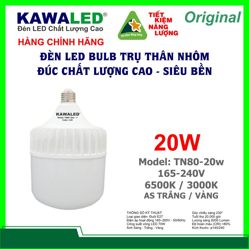 ĐÈN LED BULB TRỤ THÂN NHÔM TN80-20W-T/V E27