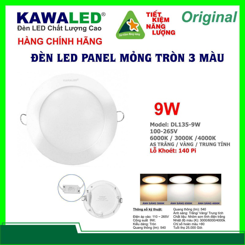 ĐÈN LED MỎNG TRÒN 3 MÀU DL135-A9W-3M