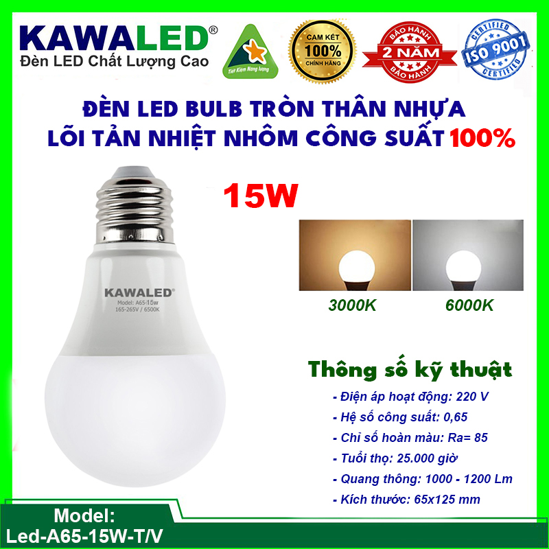 Đèn LED bulb tròn Kawaled 15w